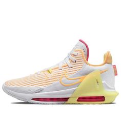 the nike air max hyper fly is white and yellow with red accents on the soles