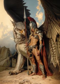 a woman dressed in armor standing next to an owl with a spear and shield on