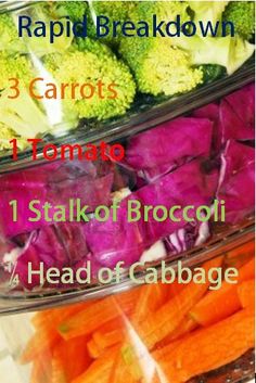 broccoli, carrots, and cabbage in plastic containers with labels on them