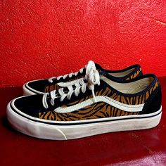 These Are Amazing!!! Made Of Suede Leather By The Bans Brand In A Brown And Black Zebra Print. Wear These To Add Some Spice To Your Outfit! Never Worn. Excellent Condition. Length: 11” Width: 4” Vans Brown Sneakers For Fall, Retro Brown Sneakers For Fall, Vans Urban Suede Sneakers, Cheetah Vans, Brown Slip-on Vans Sneakers, Black Slip On Vans, Leopard Print Vans, Zebra Print Vans, Black High Top Sneakers