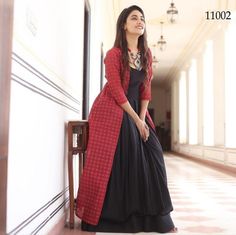 Stop In Your Tracks And Check Out This Head-Turning Combo! Our Black Kurti And Red Long Shrug Are The Perfect Match - Get Yours Now Before They're Gone! Red And Black Gown, Simple Frock, Long Shrug, Gown With Jacket, Western Dresses For Women, Frock Fashion, Simple Kurti Designs, Black Gown, Frock Design