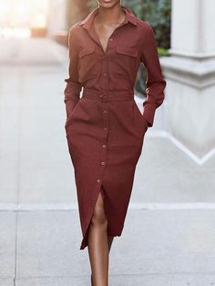 Olivia Mark - Classic Elegance Long Sleeve Shirt Dress and Belt Bundle Loose Denim Dress, Plain Midi Dress, Shirt Dress With Belt, Shirt Collar Pattern, Dress Name, Dress With Belt, Midi Shirt Dress, Petite Outfits, Long Sleeve Shirt Dress