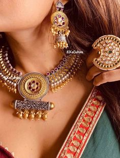 Simply Splendid - Another beautifully crafted dual tone necklace set to gleam your festive appearance. This Designer Ethnic Fusion dual tone finish Necklace Set is studded with ruby colored kemp stones, cluster gold beads & pearls. Comes with matching jhumki style earrings. Style this with any Ethnic or Indo Western Attire. 💥Super Trendy 💥Statement Necklace Set, adjustable dori. We want you to LOVE your new jewelry!  CARE TIP  1. Keep away from moisture and perfume 2. Store in cotton or zip lo Luxury Hallmarked Fusion Jewelry, Indian Jewelry Gold, Oxidized Jewellery, Silver Statement Necklace, Silver Necklace Statement, Jewelry Indian, Gold Jewelry Indian, Oxidised Jewellery, Indo Western