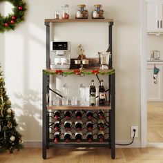 a wine rack with bottles and glasses on it in the corner of a room next to a christmas tree