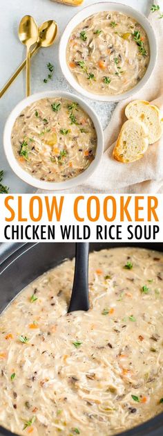 slow cooker chicken wild rice soup in a crock pot with bread on the side