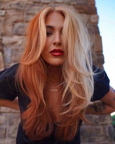 Color Blocking Hair is Back and Better than Ever Copper Pink Blonde Hair, Copper And Blonde Color Blocking, Blonde With Orange Underneath, Auburn Split Dye, Fun Hair Inspo Color, Light Red Orange Hair, Red Hair Color Blocking, Strawberry Blonde Color Block, Auburn Hair With Blonde Front Pieces