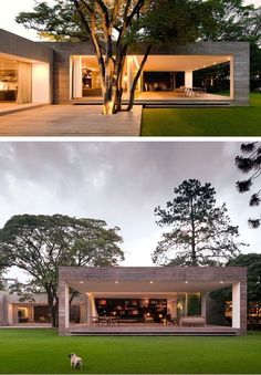 two pictures of the same house with trees in front and outside, one showing an open living area