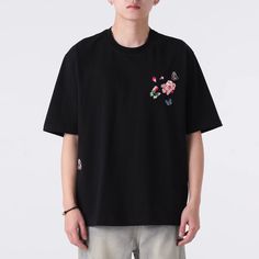 Phoenix Shirt – Kidoriman Black Embroidered T-shirt For Summer, Embroidered Black Tops For Streetwear, Casual Black Shirt With Floral Embroidery, Cotton Shirt With Floral Embroidery And Relaxed Fit, Black Embroidered Top For Streetwear, Casual Embroidered Shirt With Relaxed Fit, Black Embroidered Shirt For Spring, Casual Embroidered Relaxed Fit Shirt, Black Floral Embroidery Crew Neck T-shirt