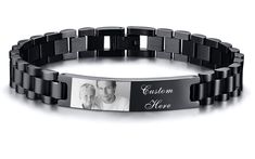 PRICES MAY VARY. 【Meaningful Gift】This chunky mens bracelet is the perfect gift , a thoughtful piece of jewelry that instantly warms his heart, and shows him how much he means to you. Every time he looks down on his custom bracelet, he will relive the magic from that very special moment. 【Material】This bold personalized mens bracelet is made of high-quality 316L stainless steel, hypo-allergenic, lead free, nickel free. Anti allergy and Eco-friendly material.It will not hurt your skin and is suit Personalized Black Wristband For Father's Day, Durable Black Wristband Gift, Customizable Black Wristband For Gift, Rectangular Stainless Steel Bracelets As A Gift, Black Bracelet Strap Wristband As Gift, Rectangular Stainless Steel Bracelets For Gifts, Black Wristband With Bracelet Strap As Gift, Rectangular Stainless Steel Bracelet As Gift, Customizable Black Bracelets For Gift