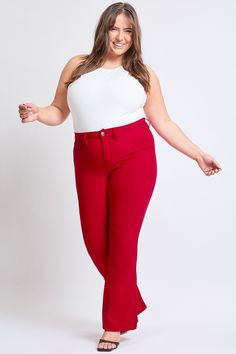 Be an absolute showstopper in our Junior Plus Size Hyperstretch Forever Color High-Rise Flare Pants. Designed with a slim fit through the thigh, this pant flares from knee to ankle for an ultra-flattering, leggy look. Featuring a five-pocket construction with false front pockets, a single-button closure with front zip, and belt loops. This fabric has been improved for greater color fastness, making it withstand more wear and washes. This is why we named this pant "Forever Color": it will be fore Red Stretch Elastane Leggings, Tight Red Elastane Leggings, Red Stretch Elastane Bottoms, Tight Red Elastane Bottoms, Red Stretch Elastane Pants, Non-stretch Red Straight Leg Jeans, Red Non-stretch Straight Leg Jeans, Red Stretch Mid-rise Pants, Red Stretch Wide Leg Jeans