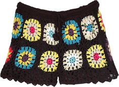 A bohemian style crochet shorts in black with multicolored flowers are the summer essential you have been looking for.  They are very soft and come with polyester lining. #tlb #CrochetClothing #vacationclothing #beachwrap #Floral #bohemianfashion #CrochetShorts #BeachShorts #BohemianShorts Multicolored Flowers, Black Bohemian, Bohemian Shorts, Bohemian Crochet, Crochet Mask, Beach Floral, Shorts Crochet, Bohemian Skirt, Hip Clothes