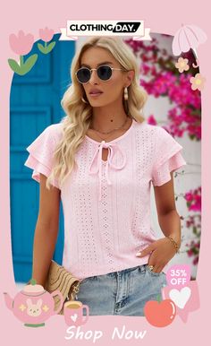 Eyelet Tie-neck Flutter Sleeve Blouse