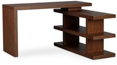 a wooden table with three shelves on one side and an open shelf on the other