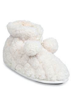 classic slipper boot style with a quilted faux fur outer, match pom poms and a super soft faux shearling lining keeping your feet warm. Our dual insole foam system featuring memory foam cradles your feet for day long comfort. The TPR outsole is great for lounging indoors but durable for outdoor use. This is another great slipper option from Gaahuu.100% Polyester Upper100% Polyester Lining100% Polyester Outsole100% Polyester FootbedSlippers available in sizes Small 5-6, Medium 7-8, Large 9-10 | W Winter Round Toe Booties, Comfortable Cream Winter Booties, Cozy Synthetic Slippers For Winter, Casual Winter Booties, Soft, Casual Soft Winter Booties, Cozy Cream Winter Booties, Casual Winter Booties, Comfortable White Winter Booties, Casual Cream Winter Booties