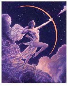 a painting of a woman flying through the sky with a crescent and stars in the background