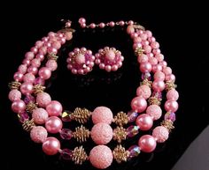 Vintage pink Sugar bead necklace - Vintage clip on earrings - 3 strand Japan pearl choker  - mother Multi-strand Costume Jewelry Necklaces For Wedding, Vintage Pink Formal Jewelry, Vintage Beaded Jewelry For Wedding, Handmade Pink Evening Jewelry, Handmade Pink Jewelry For Evening, Vintage Beaded Wedding Jewelry, Elegant Pink Pearl Necklace For Party, Pink Costume Jewelry Necklace For Evening, Pink Costume Jewelry For Evening