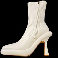 Off- White Women’s Us 7 White Fitted High Heel Boots, Fitted White High Heeled Boots, Fitted White High Heel Boots, Cream Pointed Toe Fitted Boots, Fitted Cream Pointed Toe Boots, Fitted Cream Boots With Pointed Toe, Elegant Spring Heeled Boots With Sculpted Heel, Fitted Heeled Boots With Padded Heel, White High Heel Boots For Spring