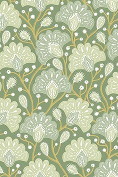 a green and white floral pattern with leaves