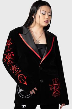 BEELZEBUB.- Statement non-stretch velvet fabric.- Contrasting satin collar.- Statement custom embroidery details.- XL peaked lapels.- Functional welt pockets.- Button down closure.- Classic suit jacket sillhouette.- Fitted.- Unisex, so it's for everyone! with KILLSTAR branding, Fabric 1: 100% Polyester. Trim: 97% Polyester, 3% Elastane. Lining: 95% Polyester 5% Elastane.Do not wash / Do not bleach / Do not tumble dry / Do not iron / Dry clean. Imported. Satanic Symbol, 2010 Fashion, Travel Suitcase, Classic Suit, Stretch Velvet, Trouser Suits, Custom Embroidery, Embroidery Details, Welt Pockets