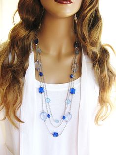 Blue Jeans Long Beaded Necklace Silver Chain by RalstonOriginals Blue Beaded Multi-strand Layered Necklace, Blue Multi-strand Beaded Layered Necklace, Blue Beaded Long Necklace With Round Beads, Blue Multi-strand Jewelry For Layering, Blue Bohemian Double Strand Necklaces, Bohemian Blue Double Strand Necklaces, Blue Long Necklace With Colorful Beads, Blue Long Necklace With Colorful Round Beads, Bohemian Double Strand Blue Necklace