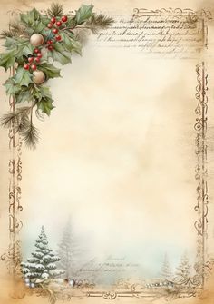 an old fashioned christmas card with holly and berries