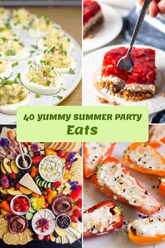 four different pictures with the words 40 yummy summer party eats