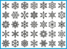 snowflakes are shown in black and white, with blue border around the edges