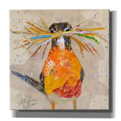 a painting of a bird with colorful feathers on it's head and beaks