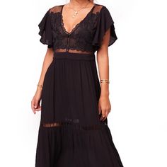 Band Of Gypsies Mesh Floral Lace Dress - Black - Top Mesh Panel And Lace Overlay - Never Worn Flowy Boho Dress, Mid Skirt, Resort Dresses, Embroidered Maxi Dress, Logo Badge, Floral Lace Dress, Lace Dress Black, Lace Inset, Metal Logo