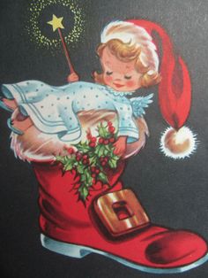 ANGEL IN SANTA'S BOOT - Vintage Mid Century 1950's Christmas Card - Used | eBay Vintage Christmas Cards 1950s, Retro Christmas Cards, Vintage Holiday Cards, Paper Decoupage, Vintage Christmas Greeting Cards, Christmas Ephemera, Christmas Hearts, Christmas Favorites, Christmas Greeting Card