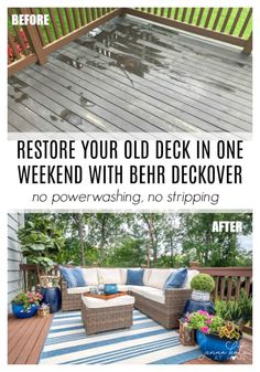 the before and after photos of a deck with blue pillows on it, and an image of