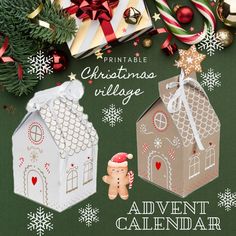 a christmas village and gingerbread house are featured in this printable calendar