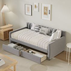 a day bed with drawers underneath it in a living room