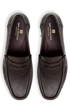 Classic style meets everyday comfort in this moc-toe penny loafer fashioned from rich Italian leather. Cushioned footbed Leather upper and lining/leather and rubber sole Made in Italy Penny Loafers Men, Bruno Magli, Loafers Style, Penny Loafer, Penny Loafers, Italian Leather, Penny, Rubber Sole, Dark Brown