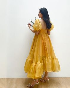 Honey Yellow Puff Sleeves Cinderella Dress, Princess Organza Dress, Simple Vacation Dress, Sheer Circle Organza Dress, Elegant Summer Dress - Etsy Vietnam Yellow Puff Sleeve Dress For Summer, Elegant Yellow Puff Sleeve Dress, Summer Wedding A-line Puff Sleeve Dress, Graduation Dress With Sleeves, Yellow Dress Outfit Casual, Organza Long Dress, Birthday Dresses For Women, Organza Frocks, Dresses Korean Style