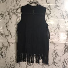 Zara Black Fringle Top. Very Nice Looking. Size M Sleeveless Fringe Tops For Night Out, Black Fringe Tops For Summer, Black Fringe Top For Night Out, Sleeveless Black Top With Fringe, Spring Evening Tops With Fringe, Chic Fringe Top For Evening, Spring Evening Fringe Tops, Evening Fringe Tops For Fall, Edgy Party Tops From Zara