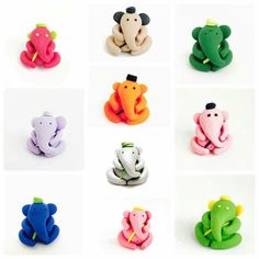 there are many small elephant figurines in different colors and sizes on this page