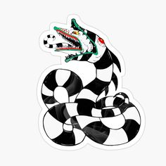 a black and white sticker with a snake on it's head, in the shape of a ball