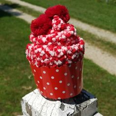 a red and white cupcake sitting on top of a piece of wood in the grass