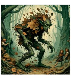 an illustration of a creature with leaves on its body in the woods, surrounded by fallen leaves