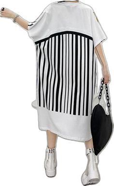 Chic White Striped Cotton Dress V Neck Summer Long Dresses - SooLinen Casual Oversized Striped Dresses, Oversized Striped Summer Dresses, Oversized Striped Spring Dresses, White Oversized Dresses For Spring, Oversized White Spring Dress, Oversized White Midi Dress For Spring, Summer Long Dresses, Long Summer Dresses, Long Dresses