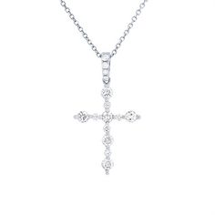 This cross pendant features a contemporary look with alternating sizes of round brilliant cut diamonds totaling 0.38 carats. Diamond White Cross Pendant Necklace With Brilliant Cut, Diamond White Cross Necklace With Single Cut Diamonds, Classic Diamond White Cross Necklace With Cubic Zirconia, Classic Diamond White Cubic Zirconia Cross Necklace, Classic Cubic Zirconia Cross Necklace In Diamond White, Classic Diamond Pendant Cross Necklace, Diamond Cross Pendant Necklace With Single Cut Diamonds, Diamond Necklace With Vvs Clarity Cross Pendant, Diamond Cross Pendant Necklace With Prong Setting