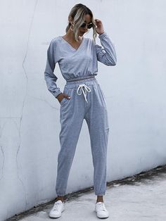 🚚FREE Shipping on orders over $80 ✨ use Code: "Mylook" for Extra Discount at checkout Women Casual V Neck Long Sleeve Solid Color Crop Top and Long Pants Two Piece Sportswear Suit Leisure Tracksuit With Long Sleeves And Elastic Waistband, Leisure Tracksuit With Elastic Waistband And Long Sleeves, Casual Long Sleeve Workout Jumpsuits And Rompers, Casual Long Sleeve Jumpsuits And Rompers For Workout, Casual Workout Jumpsuits And Rompers With Long Sleeves, Gray Long Sleeve Jumpsuits And Rompers For Loungewear, Athleisure Tracksuit With Elastic Waistband, Athleisure Tracksuit With Elastic Waistband And Long Sleeve, Sporty Loungewear Jumpsuits And Rompers For Fall