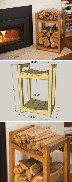 two different views of a fire place with wood stacked on top and side by side