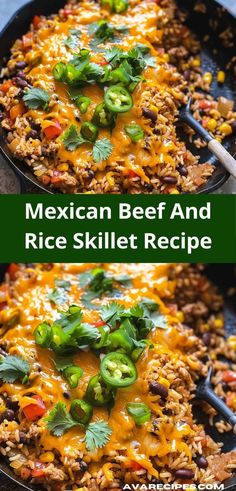 mexican beef and rice skillet recipe in a cast iron skillet