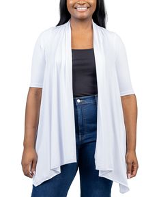 in stock Fall Stretch Short Sleeve Cardigan, White Open Front Top For Fall, White Open Front Tops For Fall, White Shrug For Spring Layering, Short Sleeve Cardigan For Fall, Solid Short Sleeve Cardigan For Fall, White Stretch Open Front Top, White Stretch Cardigan For Layering, Versatile White Stretch Outerwear