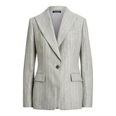 New with Tags : Lauren Ralph Lauren : Size:18 Color: Gray/grey Crafted from a recycled wool blend, this elegant blazer is tailored with peak lapels, waist darts, and princess seams to create a feminine form. Slim fit. Intended to hit at the hip. Peak lapels. One-button silhouette. Long sleeves with four-button cuffs. Front chest welt pocket. Two front waist flapped pockets. Back princess seams. Shell: recycled wool, viscose, polyamide. Lining: polyester, elastane. Dry clean. Imported. Model is 5 Clothes Wishlist, Elegant Blazers, Wool Blend Jacket, Linen Blazer, Jacket Blazer, Suede Pumps, Double Breasted Suit Jacket, Blazers For Women, Straight Leg Pants