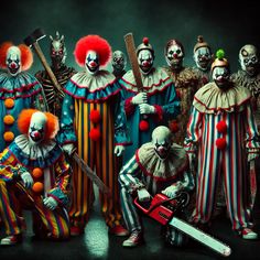 a group of clowns standing next to each other in front of a black background