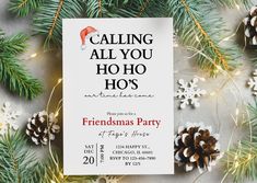 a christmas party flyer with pine cones and snowflakes on the table next to it