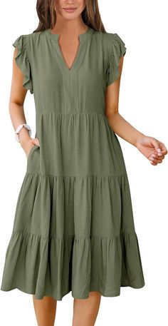 Lasaky - Chic and Elegant Maxi Dress with Lotus Leaf Trim Sleeves and Collar - Perfect for Casual and Stylish Beach Outings Flowy Dress Casual, Boho Chic Dress, Elegant Maxi Dress, Boho Summer Dresses, Chic And Elegant, Beach Vacations, Ruffle Sleeve Dress, Lotus Leaf, V Neck Midi Dress